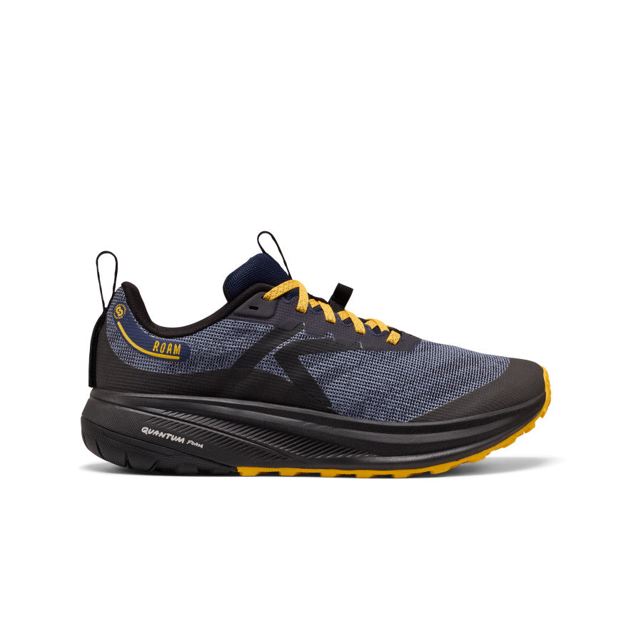 Men’s roam trail running shoe in dark gray and black with yellow laces heel pull tabs and outsole accents