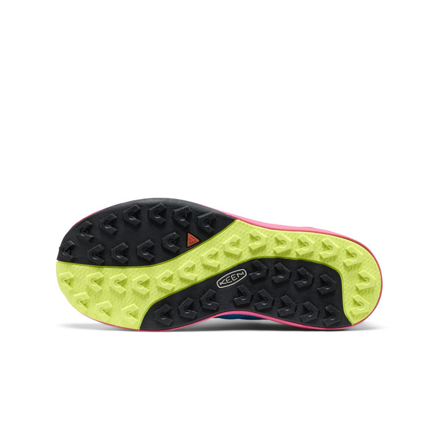 Women’s a86 sneaker in swedish blue and shocking pink with vibrant neon yellow and black rubber outsole featuring keen logo
