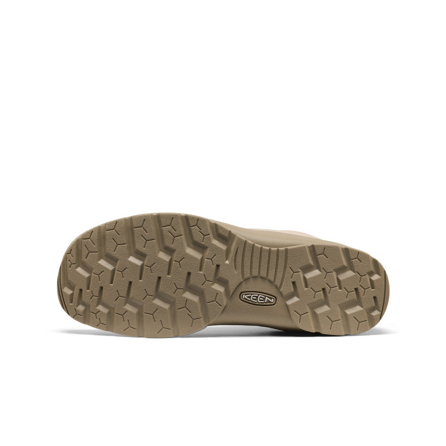 Tan keen hiking boot sole with rugged textured tread on men's jasper se1 sneaker flux plaza taupe