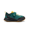 Little kids jasper zionic sneaker in green suede with black rubber accents yellow laces and heel tab