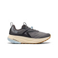 Women's roam trail running shoe in magnet and ballad blue with gray beige mesh upper and black