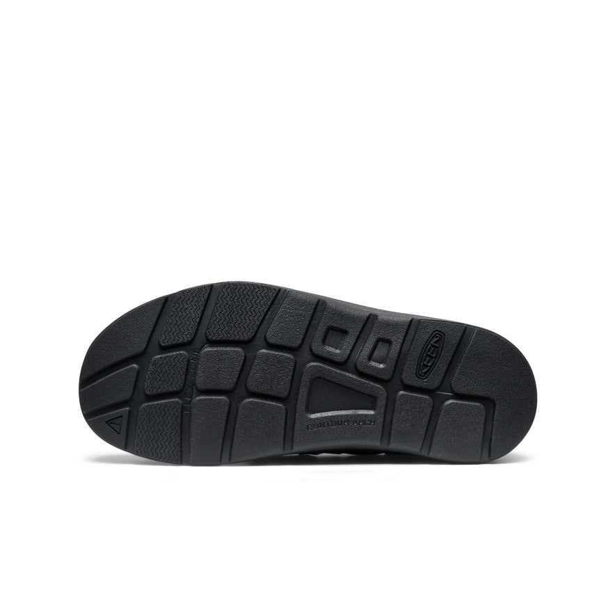 Black rubber sole with textured grid tread and keen logo on the heel of women’s uneek loafer nocturnal black