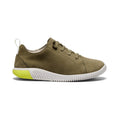 Big kids knx leather sneaker in martini olive suede with white rubber sole and neon yellow heel