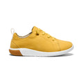 Big kids knx leather sneaker in daffodil yellow with white and tan sole made of leather for casual