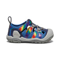 Toddlers knotch creek water shoe in bright cobalt with rainbow stripes and gray rubber sole