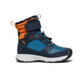 Little kids skew waterproof winter boot in navy blue teal with orange accents padded collar
