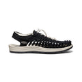 Men's keen uneek canvas black woven macramé sandal with white laces and beige rubber sole