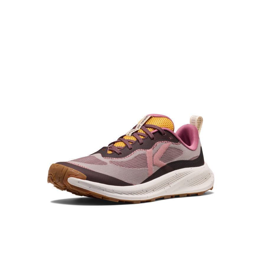 Women's Wander Trail Running Shoe - Huckleberry/Symphonic Sunset Women's wander trail running shoe with mesh upper in muted gray dusty rose mustard yellow laces - Image 1