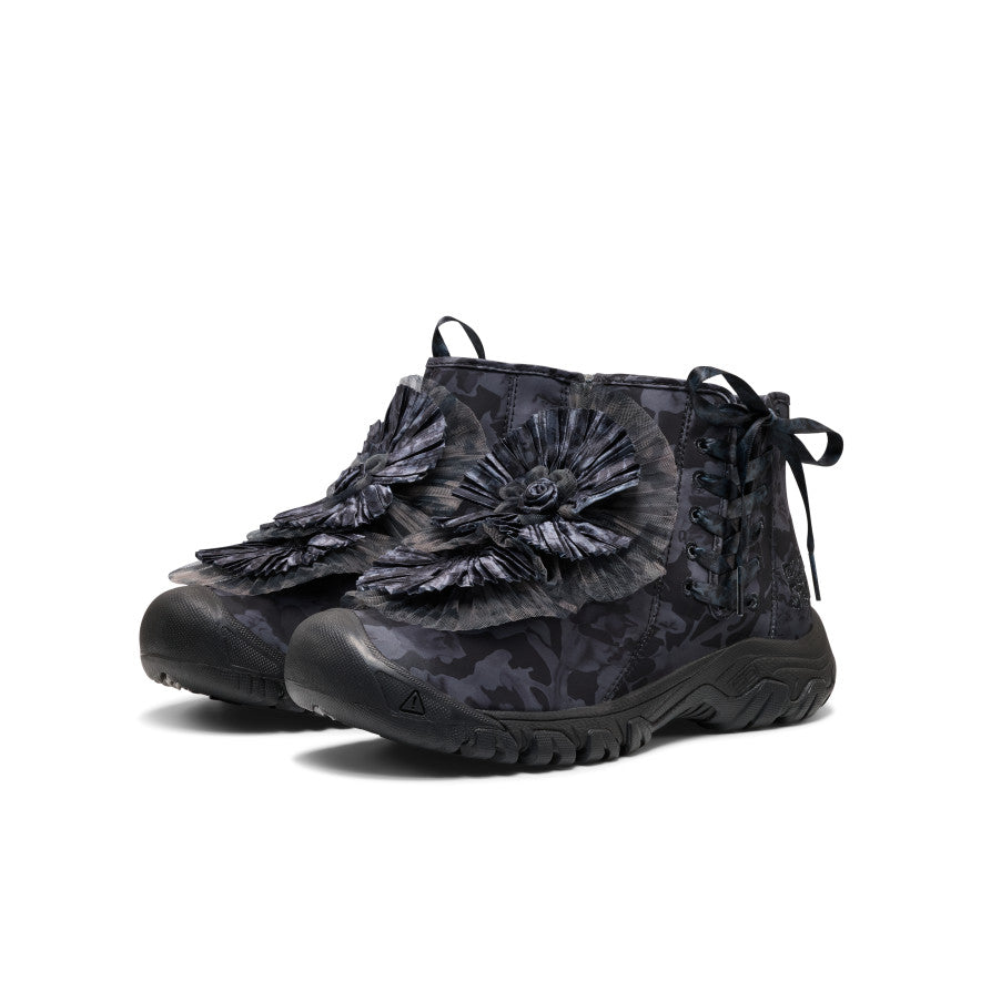 Women's Targhee EXP Collina Strada - Black/Black A pair of black and dark grey camouflage ankle boots featuring a large flower embellishments - Image 1