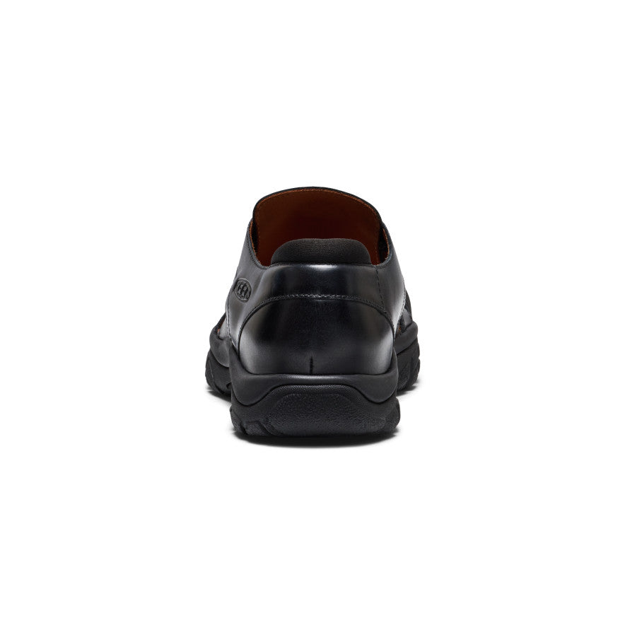Women’s Newport Oxford nocturnal black leather slip-on shoe with thick rugged sole and brown interior lining
