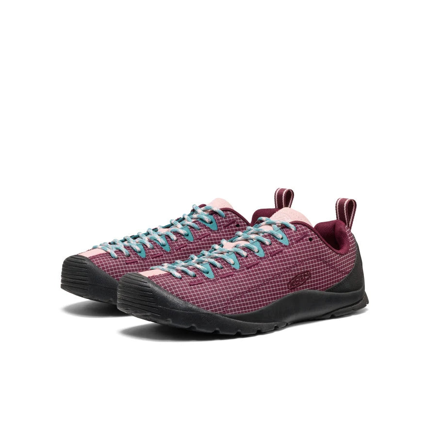 Pair of burgundy trail-to-town shoes with protective toe and low-profile sole