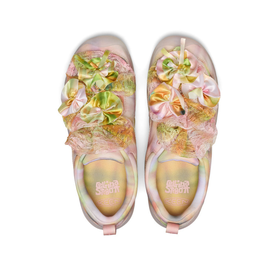 Colorful floral-patterned shoes on a white background
