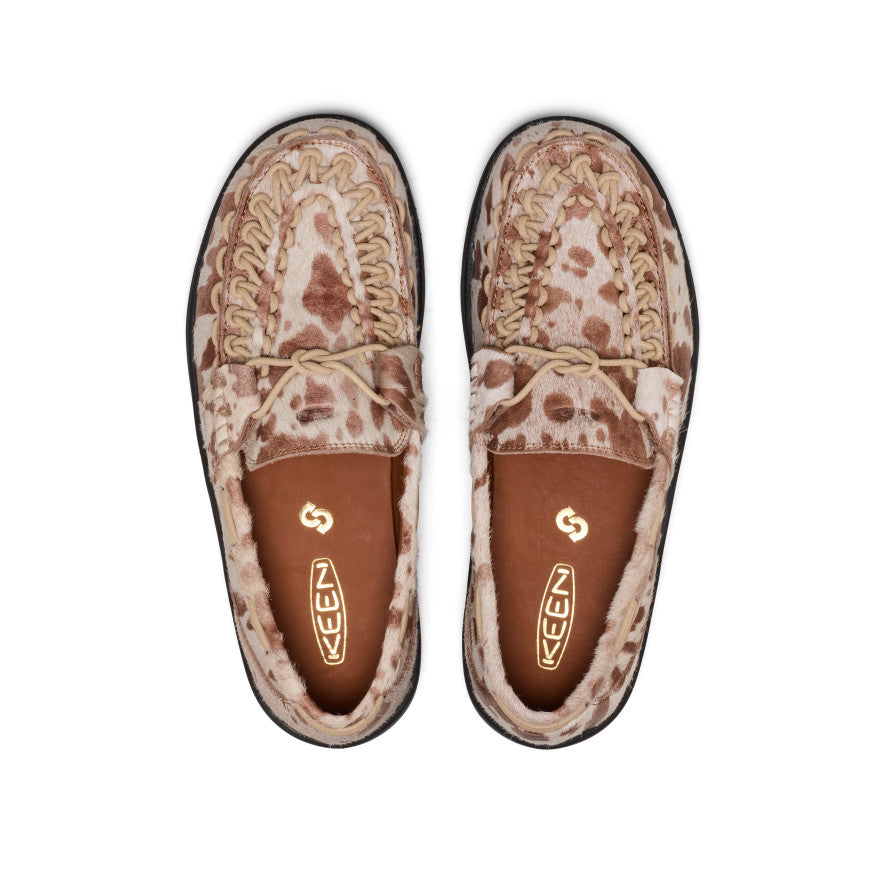 Men’s UNEEK loafer in nocturnal cow red featuring beige and brown leopard-print suede with braided detailing