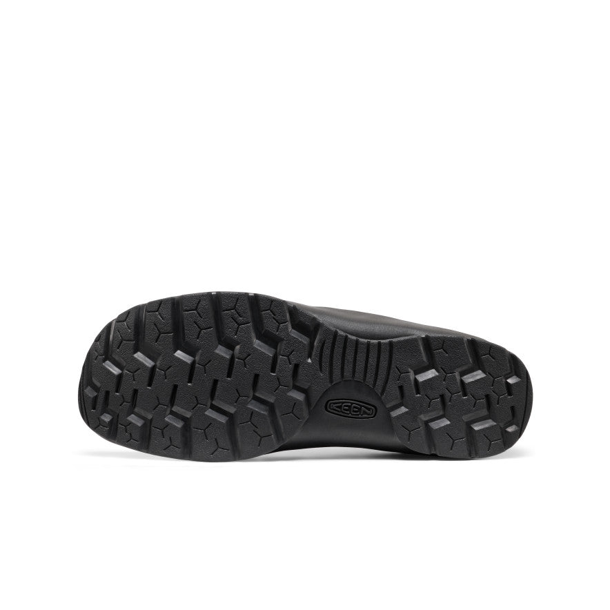 Black rubber sole with rugged geometric tread and keen logo on men's jasper se2 sneaker flux black