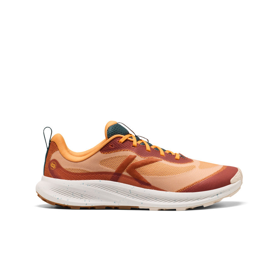 Men's wander trail running shoe in fossil orange and carrot curl mesh with white midsole and yellow