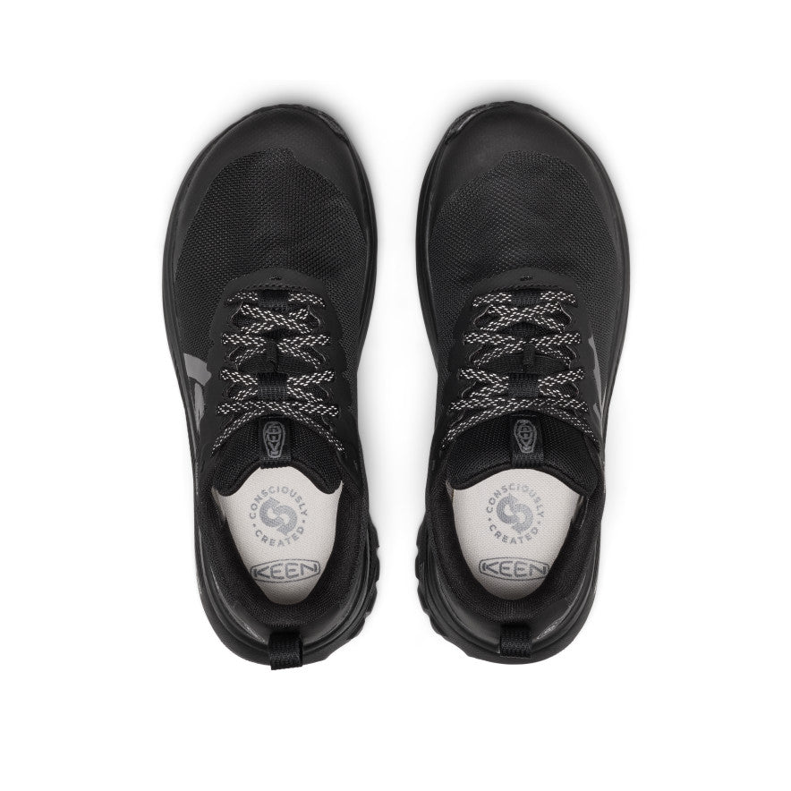Women's Roam Waterproof Trail Running Shoe - Black/Black Black keen women’s roam waterproof trail running shoe with mesh uppers and textured laces in black - Image 1