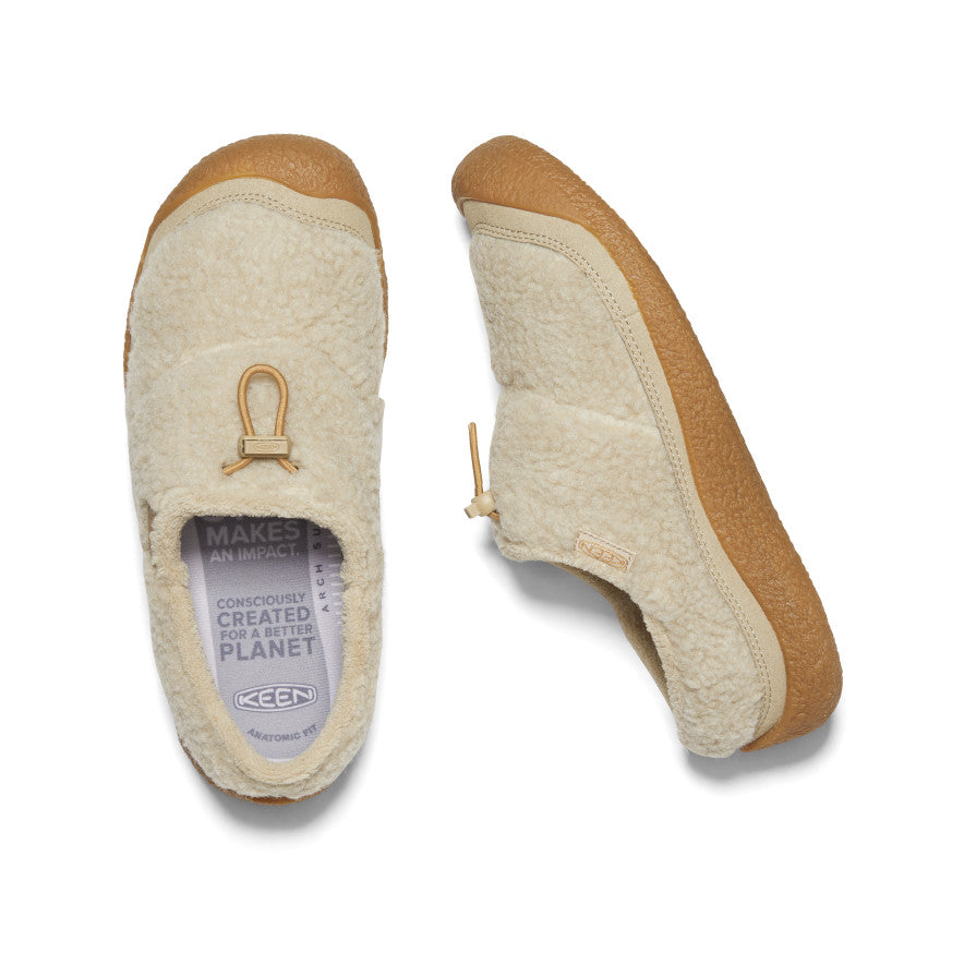 Women's Howser III Slide - Moco Safari Cream shearling slip-on clogs shown top and side with gum rubber sole - Image 1