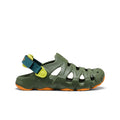 Big kids hyperflt clog rubber sandal in bronze green and orange peel with teal strap and bright