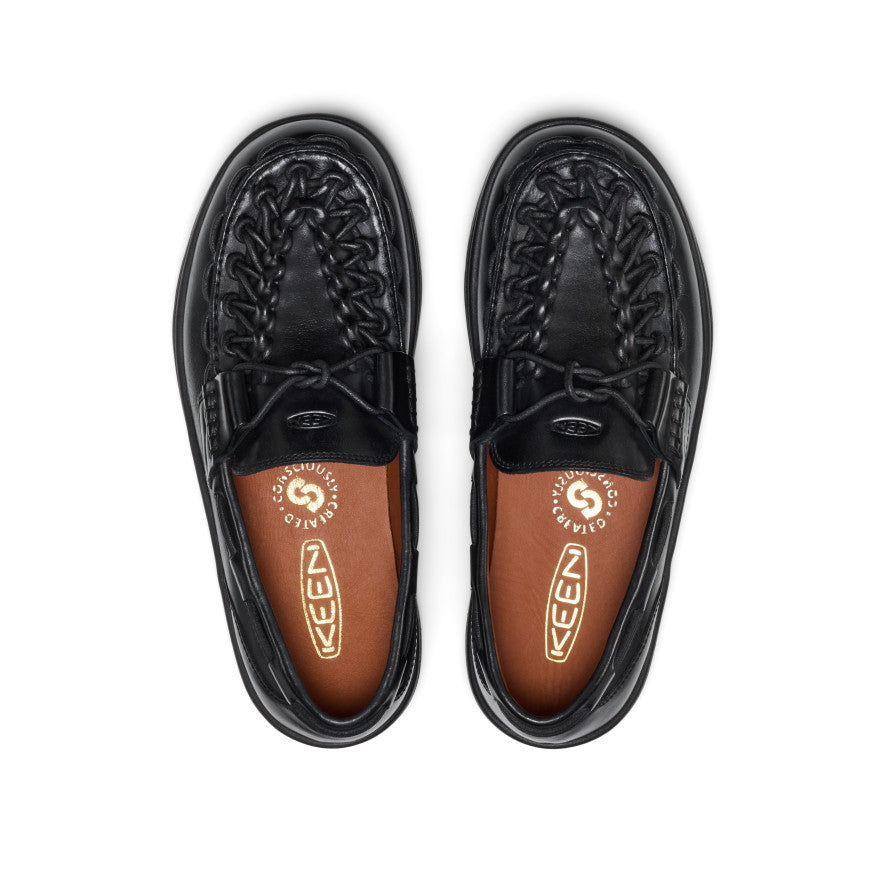 Women's UNEEK Loafer - Nocturnal Black Black leather womens uneek loafers in nocturnal black with braided detailing and glossy finish featuring zuuv logo - Image 1