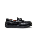Black leather women’s UNEEK loafer with braided toe and decorative strap in nocturnal black color