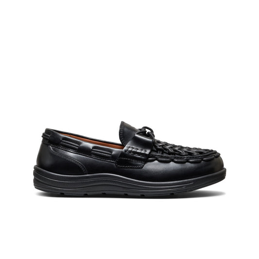 Black leather women’s UNEEK loafer with braided toe and decorative strap in nocturnal black color