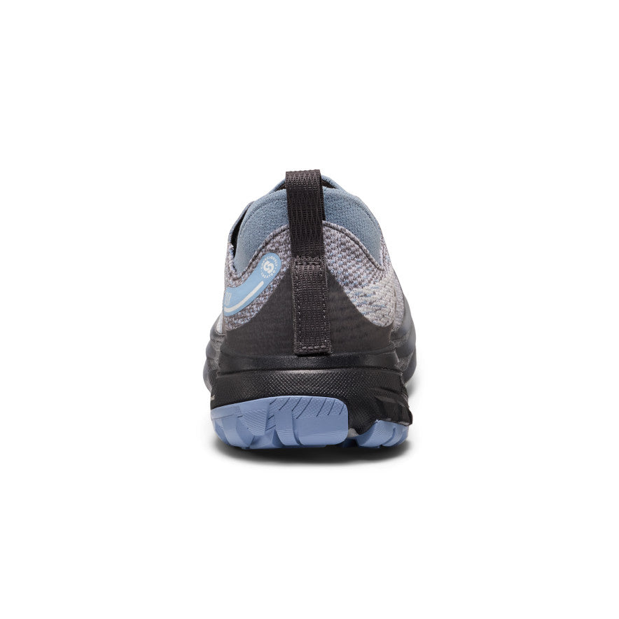 Women's Seek Trail Running Shoe - Magnet/Scenic Green Back view of women’s seek trail running shoe in magnet scenic green with gray black mesh and light blue sole - Image 1