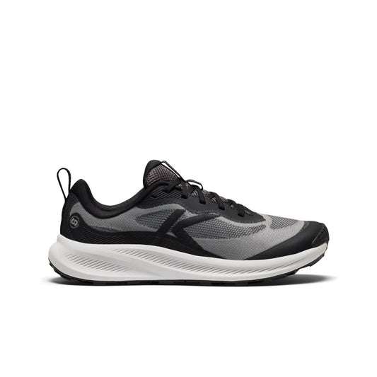 Women's wander trail running shoe in black and magnet with black and gray mesh upper and white