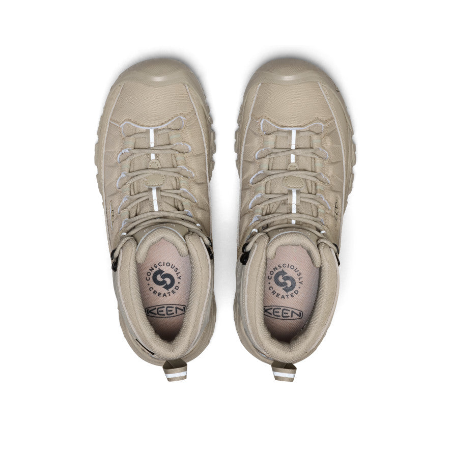 Beige keen women’s targhee exp waterproof hiking boot with reinforced stitching and reflective laces in abbey stone