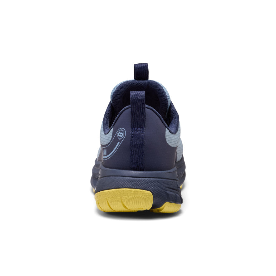 Women's roam waterproof trail running shoe in navy blue and gray with bright yellow outsole