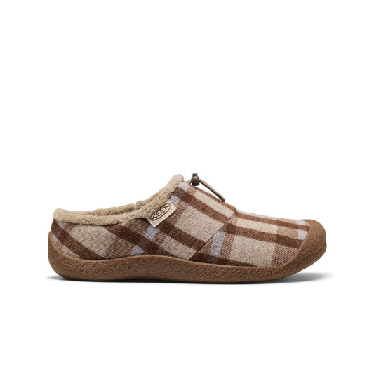 Brown checkered slipper with a brand logo on a white background