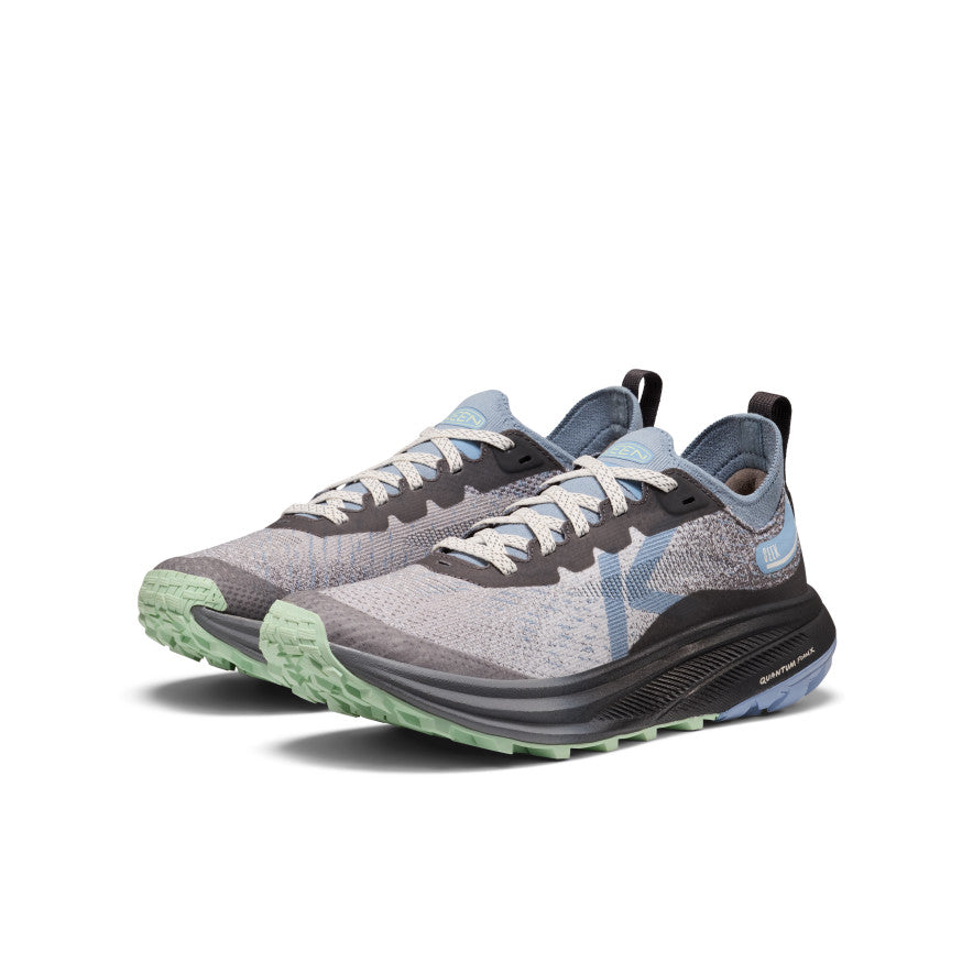 Women’s seek trail running shoe in magnet and scenic green with textured upper black accents and green outsole