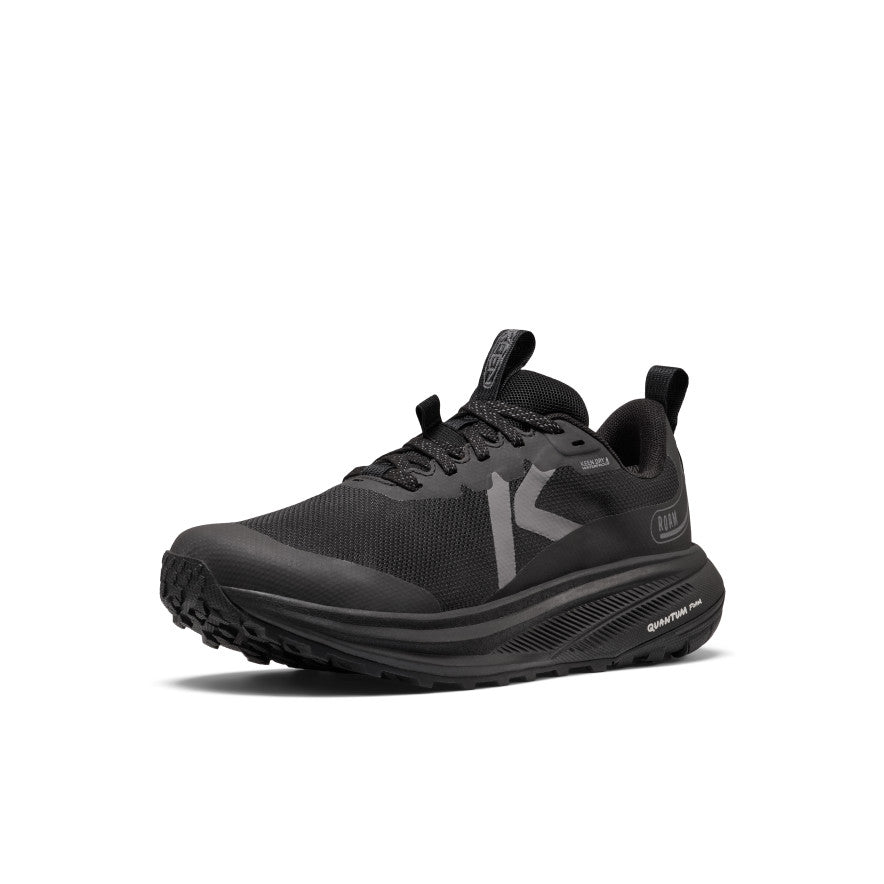 Women's roam waterproof trail running shoe in black with sleek minimalist design and textured mesh