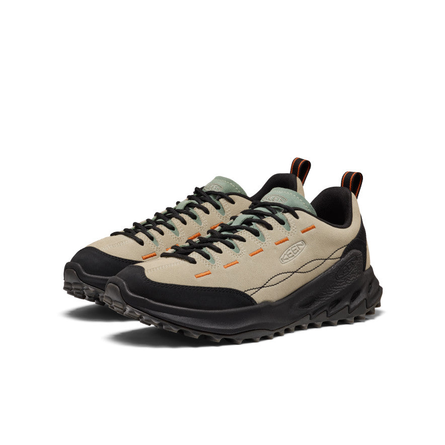 Men's Jasper Zionic sneaker in beige and black with orange accent stitching designed for hiking