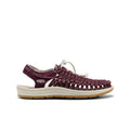Women's uneek canvas maroon woven leather sandal with white laces and beige sole shown