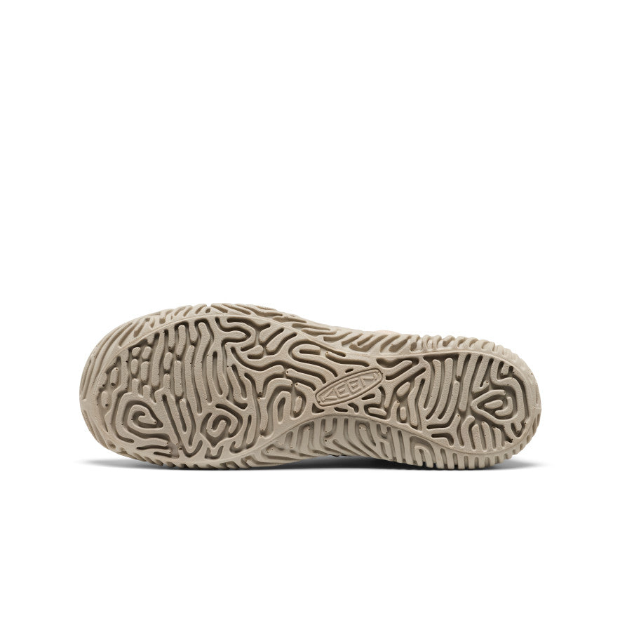 Tan rubber sole with intricate maze-like tread and subtle keen logo on women's jasper merko sneaker