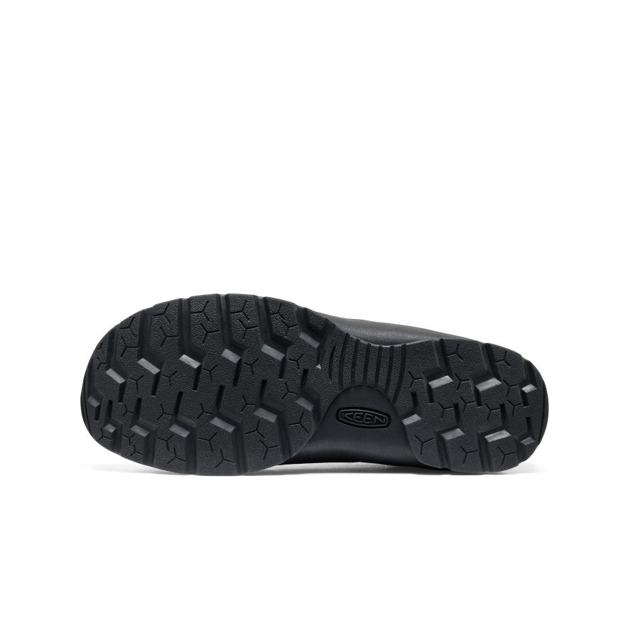 Black rubber sole with deep tread and keen logo embossed near the heel of women's jasper se2