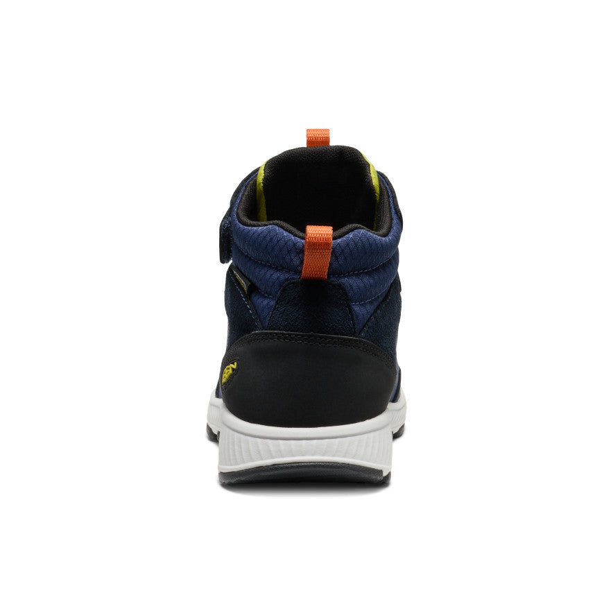 Big kids skua waterproof high-top hiking boot in navy blue and black with orange pull tabs