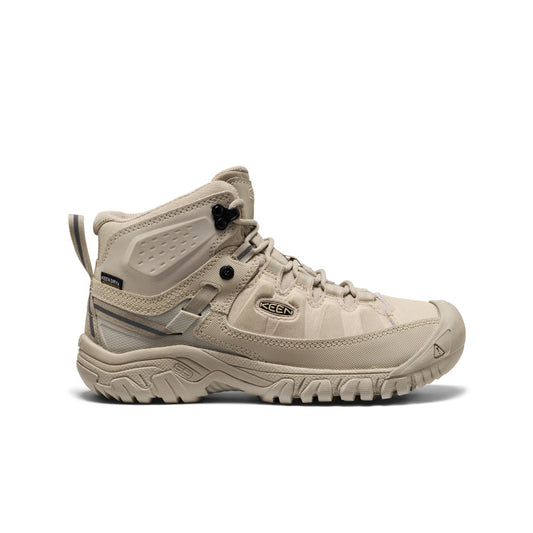 Beige keen women’s targhee exp waterproof hiking boot with textured upper and rugged sole in abbey stone color