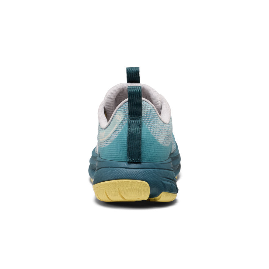 Women's roam trail running shoe in aquifer mediterranea teal and yellow with mesh upper