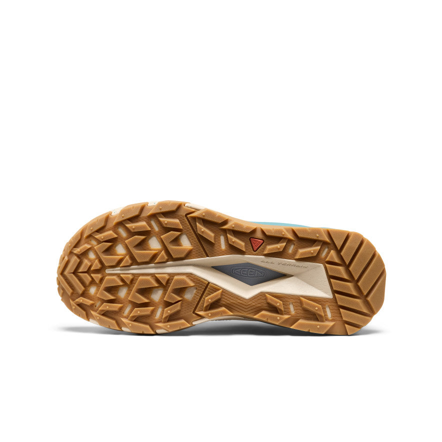 Tan rubber outsole with geometric tread and white midsole featuring keen logo on womens targhee