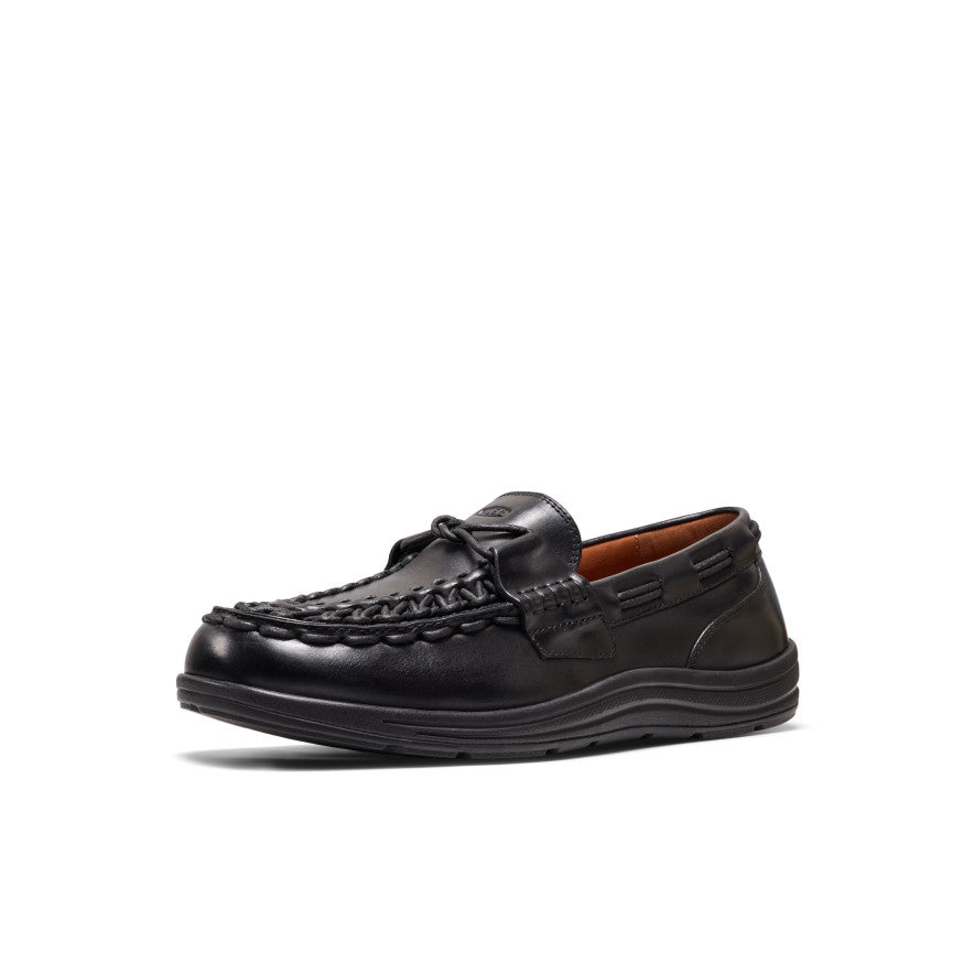 Men's UNEEK Loafer - Nocturnal Black Men’s UNEEK loafer in nocturnal black leather moccasin with braided detailing and stitched toe cap front view - Image 1
