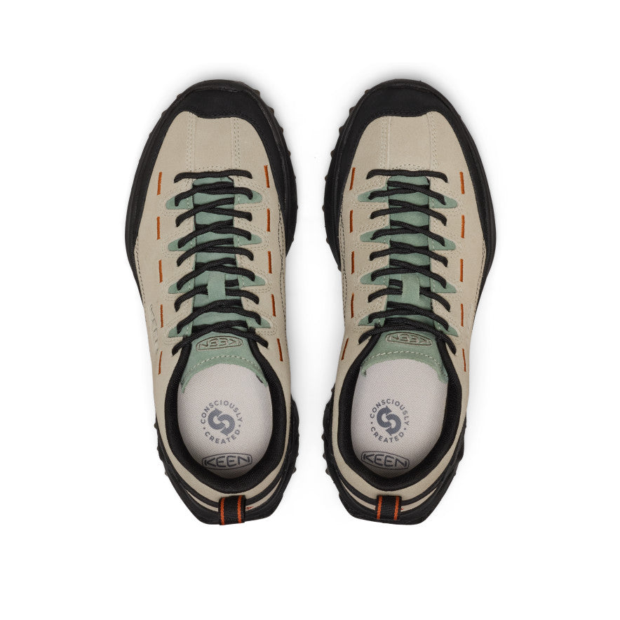 Men's Jasper Zionic Sneaker - Abbey Stone/Lily Pad Men's Jasper Zionic sneaker in beige and black with teal laces and orange stitching for hiking - Image 1