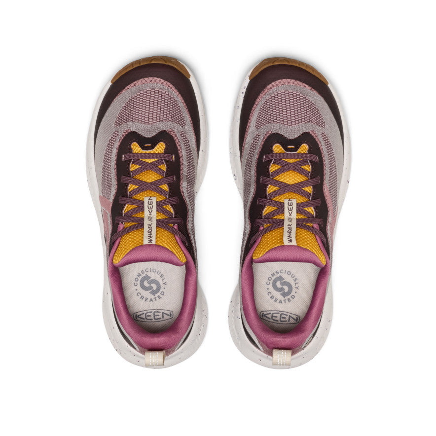 Women's Wander Trail Running Shoe - Huckleberry/Symphonic Sunset Pair of women's wander trail running shoes in maroon gray and yellow mesh with suede accents - Image 1