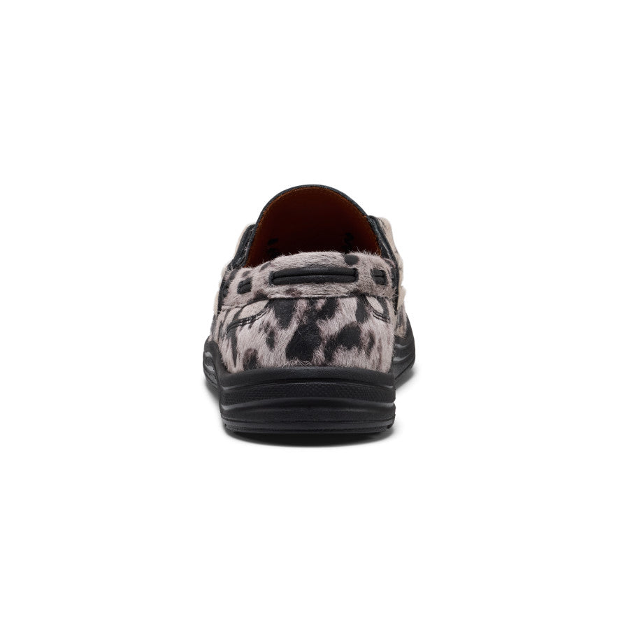 Women’s uneek loafer slip-on shoe in nocturnal cow black with black and gray leopard print and suede-like texture
