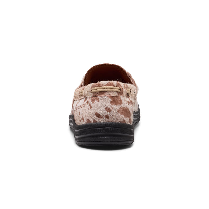 Men’s UNEEK loafer slip-on with beige and brown cowhide pattern and black rubber sole in nocturnal cow red