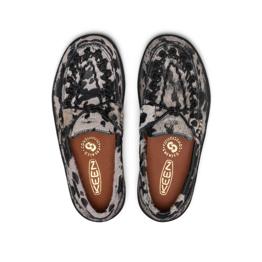 Women's UNEEK Loafer - Nocturnal Cow Black Black and gray leopard-print suede women’s Uneek loafer with brown leather insoles featuring zuuv logo - Image 1