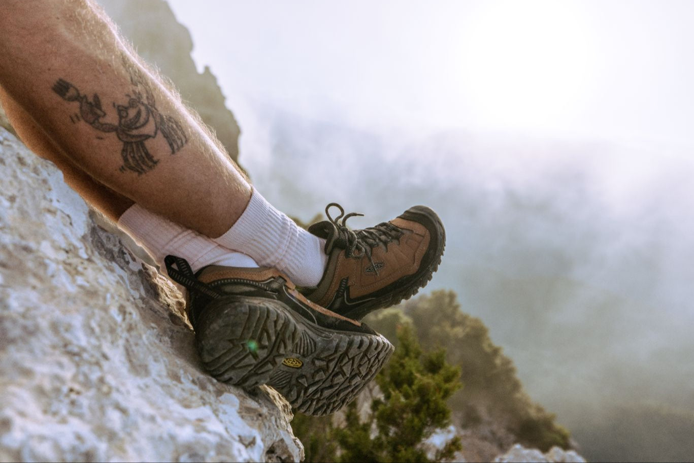 A pair of keen targhee iv hiking shoes posed on a rock with trees in the background.