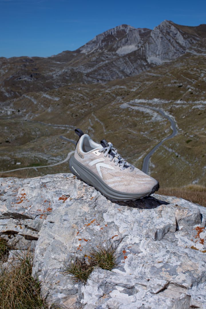 Sneaker on a rocky outcrop with mountainous landscape in the background