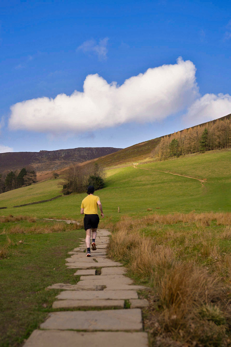 Person wearing a yellow t shirt running on a stone path in a scenic landscape with green fields and blue sky.