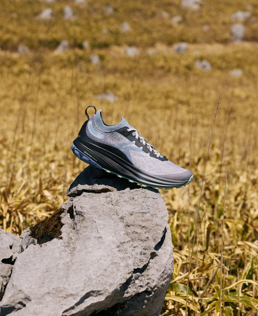 A gray and black trail running shoe is posed on a large rock in an outdoor grassy field, with the blurred field serving as the background.